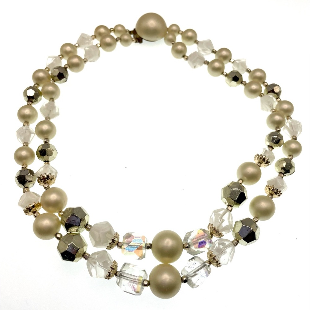 Vintage Double Strand Acrylic Beaded Necklace Choker Silver Tone Aurora Borealis